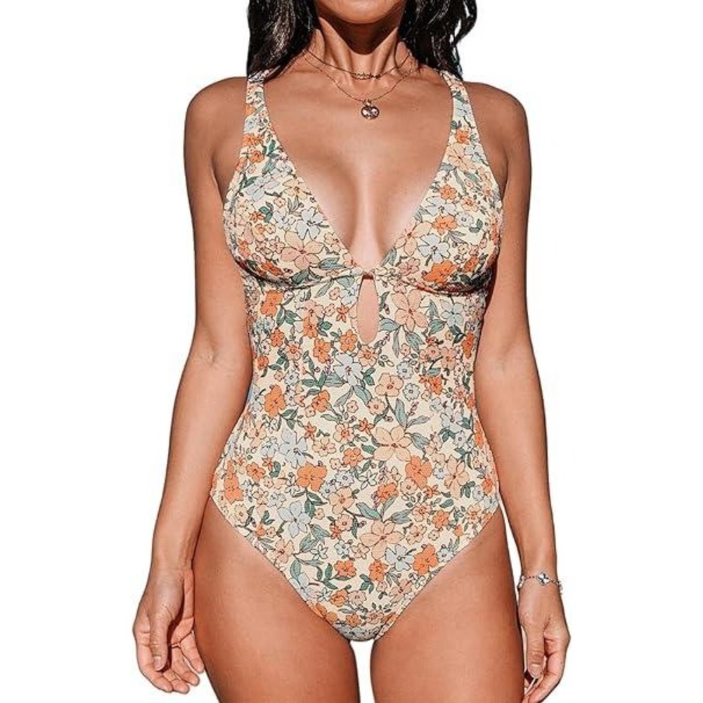 Cupshe Orange Blue Floral Plunge One Piece‎ Swimsuit Size S NWT